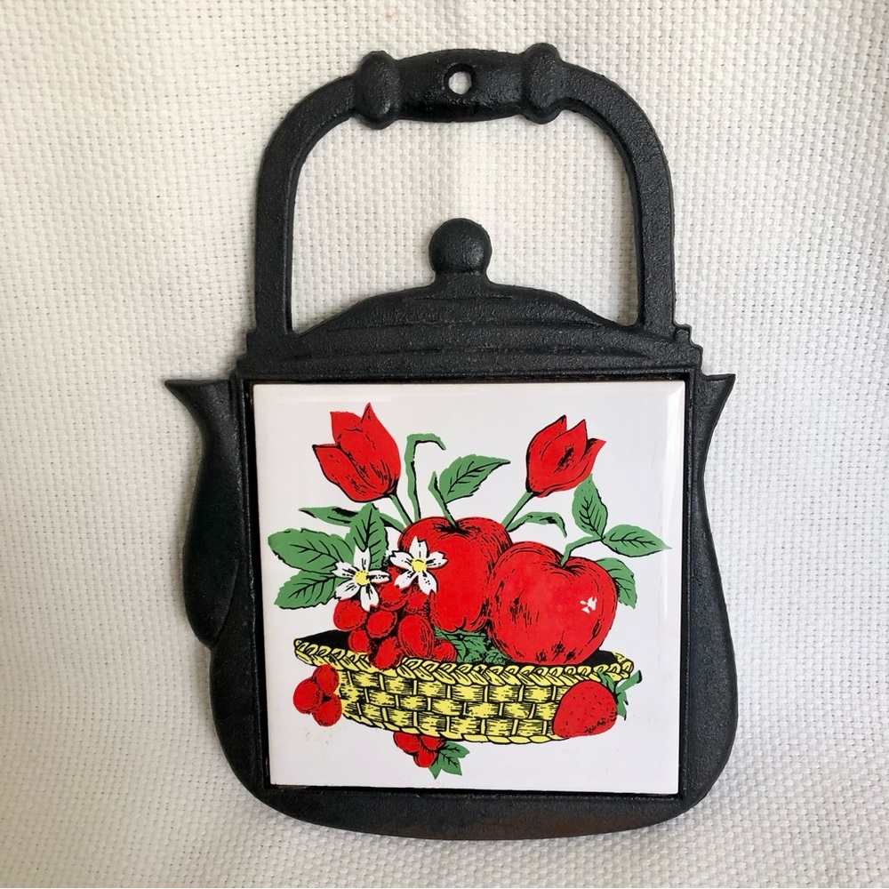 Vintage Ceramic tile Cast Iron teapot shapedTrivet Red Apples strawberry tulips